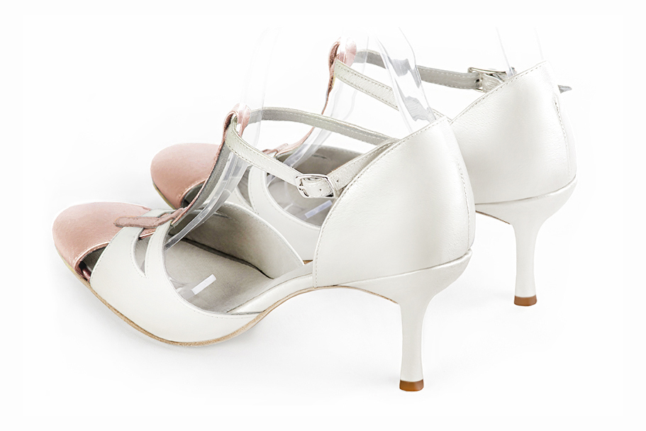 Powder pink and pure white women's T-strap open side shoes. Round toe. High slim heel. Rear view - Florence KOOIJMAN